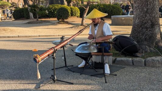 Musicien japonais autour du château d'Osaka Image d'un musicien jouant devant le château d'Osaka, avec l'architecture traditionnelle du château en arrière-plan et un cadre paisible